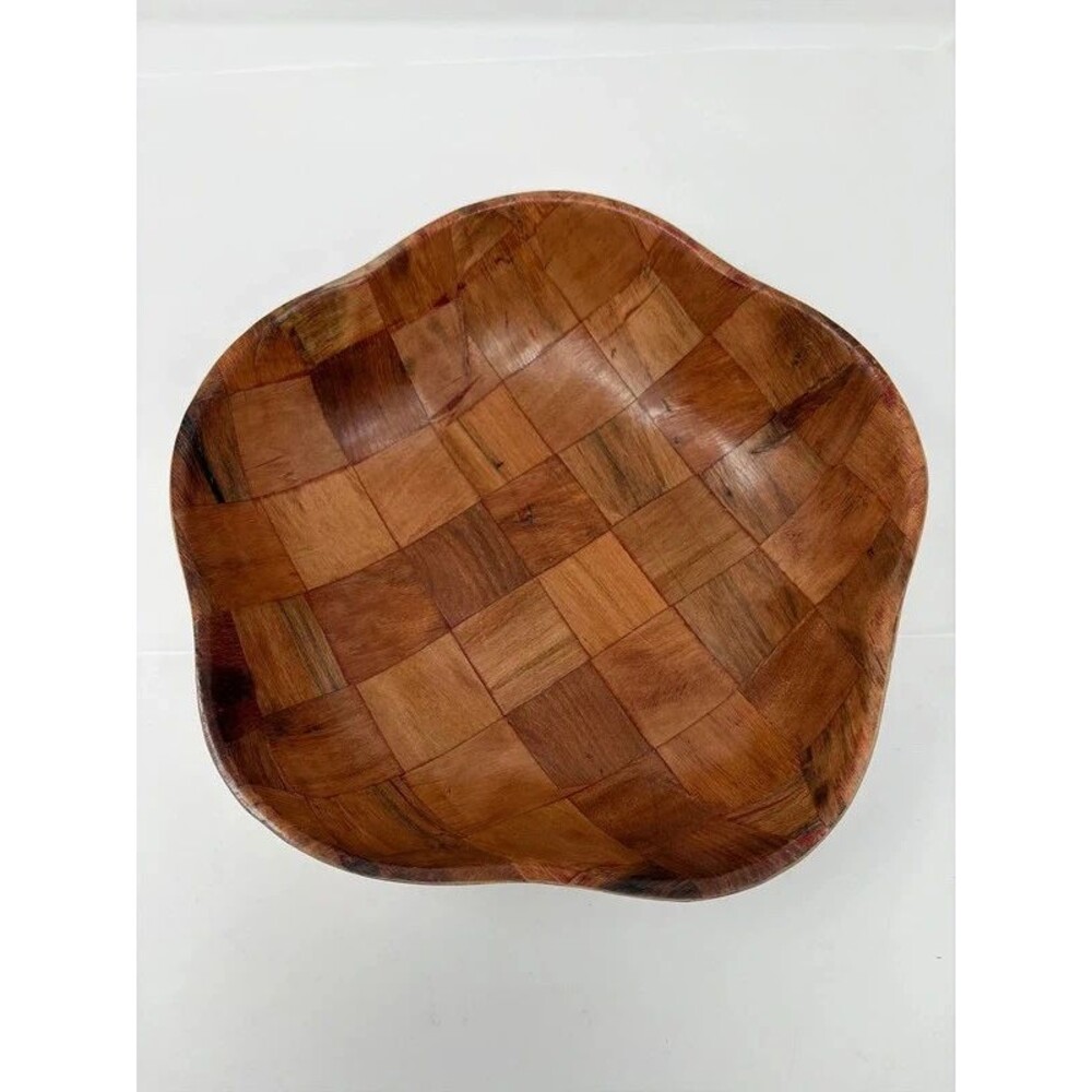 Parquet Patchwork Checkerboard Pattern Vintage Woven Wooden Bowl Scalloped Edges